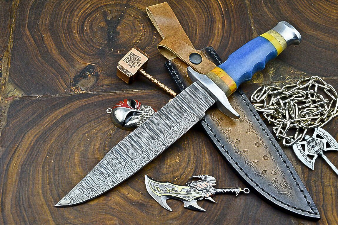 Heritage Forge 12 Inch Damascus Steel Hunting Knife with Resin Handle and Leather Sheath