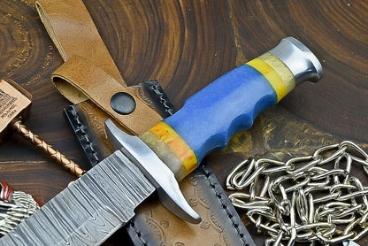 Heritage Forge 12 Inch Damascus Steel Hunting Knife with Resin Handle and Leather Sheath