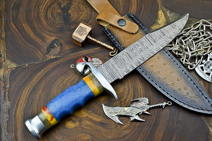 Heritage Forge 12 Inch Damascus Steel Hunting Knife with Resin Handle and Leather Sheath