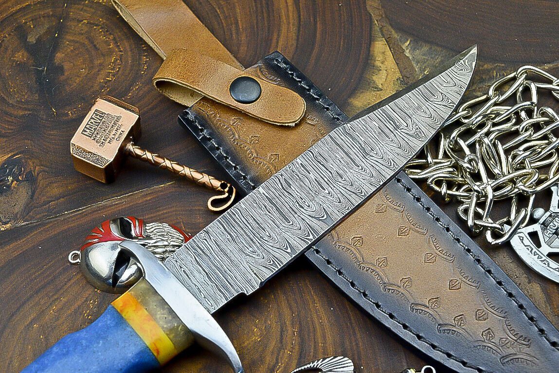 Heritage Forge 12 Inch Damascus Steel Hunting Knife with Resin Handle and Leather Sheath