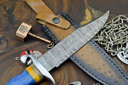 Heritage Forge 12 Inch Damascus Steel Hunting Knife with Resin Handle and Leather Sheath