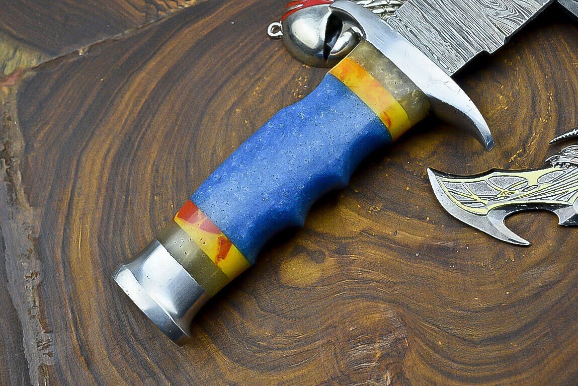 Heritage Forge 12 Inch Damascus Steel Hunting Knife with Resin Handle and Leather Sheath