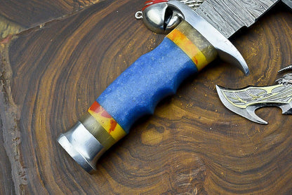 Heritage Forge 12 Inch Damascus Steel Hunting Knife with Resin Handle and Leather Sheath