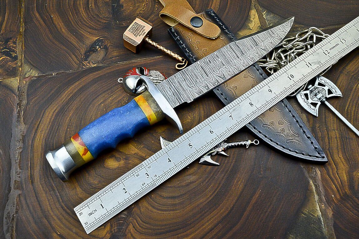 Heritage Forge 12 Inch Damascus Steel Hunting Knife with Resin Handle and Leather Sheath