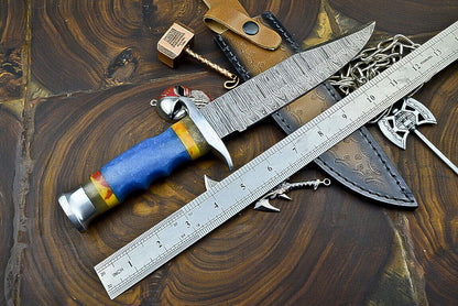 Heritage Forge 12 Inch Damascus Steel Hunting Knife with Resin Handle and Leather Sheath