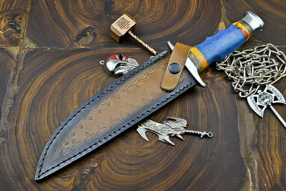 Heritage Forge 12 Inch Damascus Steel Hunting Knife with Resin Handle and Leather Sheath