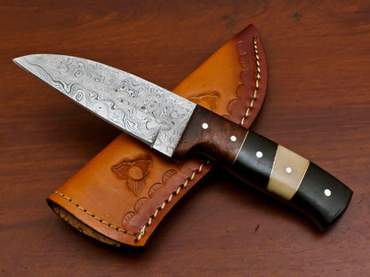 Custom Damascus Hunting Knife with Camel Bone Rose Wood and Bull Horn Handle