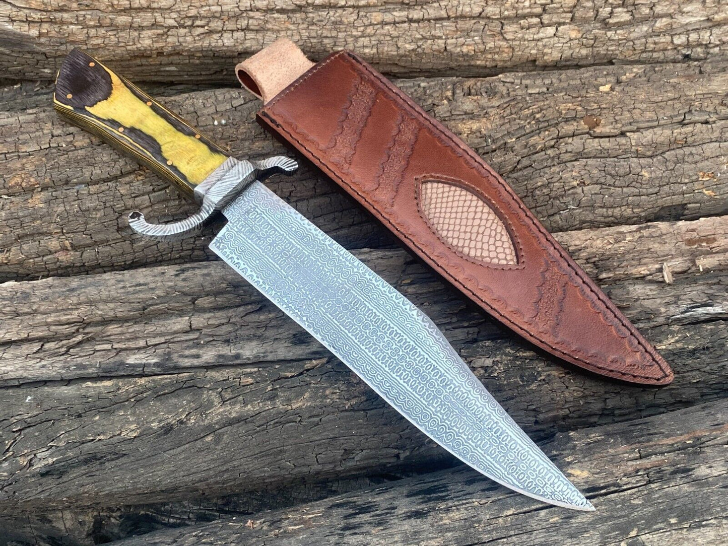 15" Twisted Damascus Steel Bowie Knife with Hardwood Handle & Leather Sheath