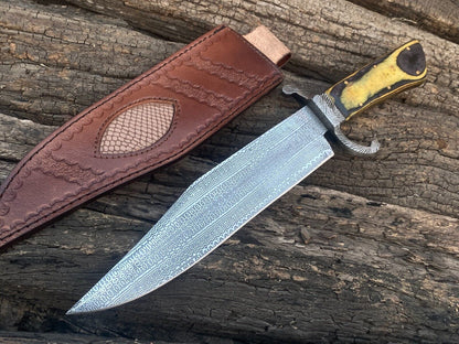 15" Twisted Damascus Steel Bowie Knife with Hardwood Handle & Leather Sheath
