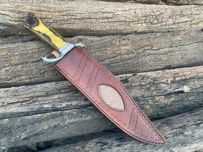 15" Twisted Damascus Steel Bowie Knife with Hardwood Handle & Leather Sheath