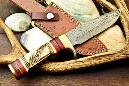 Damascus Steel Bowie Knife – Handmade Hunting Blade with Stained Camel Bone Handle