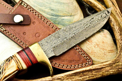 Damascus Steel Bowie Knife – Handmade Hunting Blade with Stained Camel Bone Handle