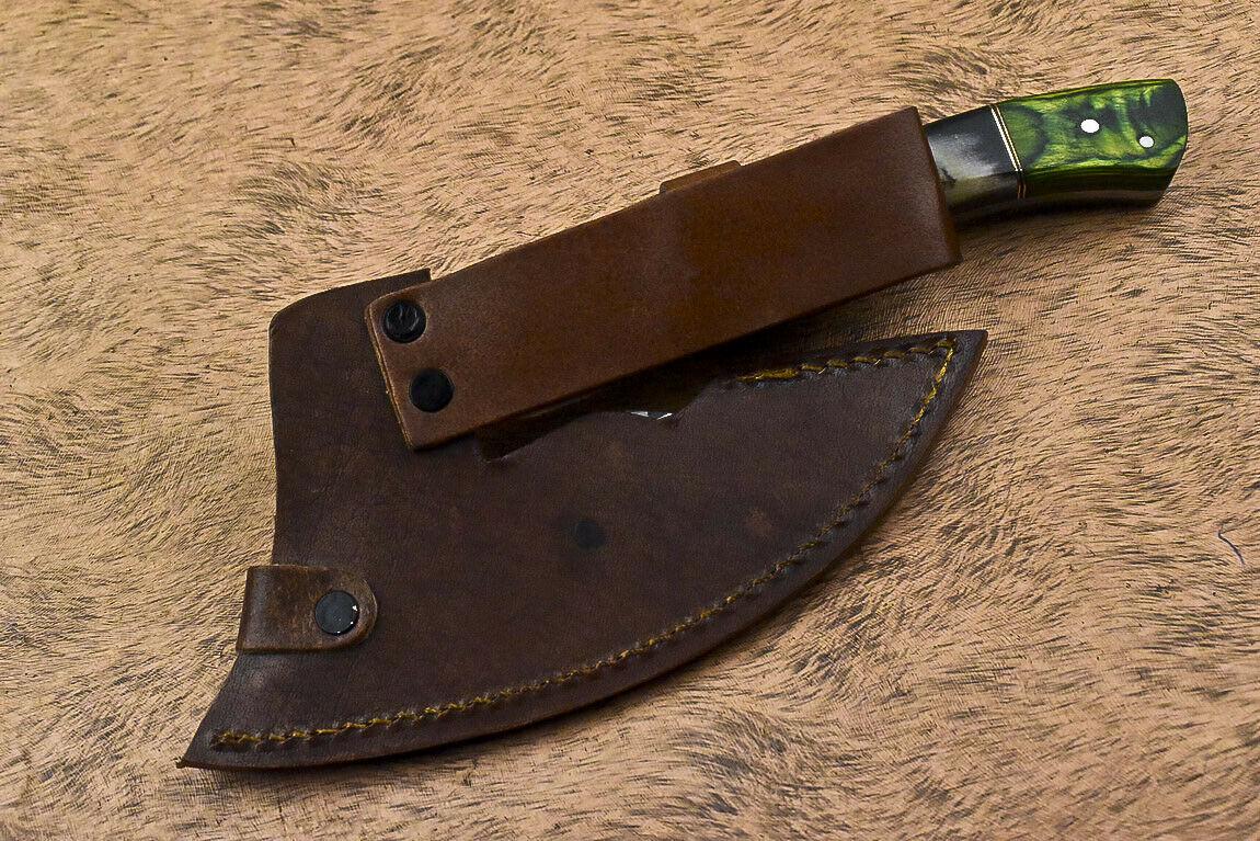 Handmade Damascus Steel Axe Hunting Clever Chopper Knife with Wooden Handle and Leather Sheath