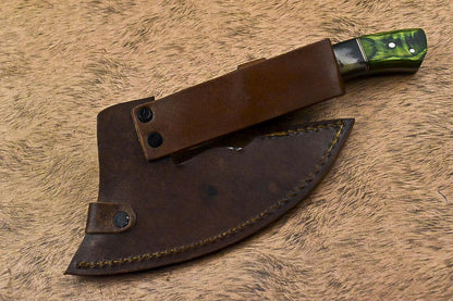 Handmade Damascus Steel Axe Hunting Clever Chopper Knife with Wooden Handle and Leather Sheath