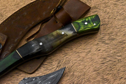 Handmade Damascus Steel Axe Hunting Clever Chopper Knife with Wooden Handle and Leather Sheath