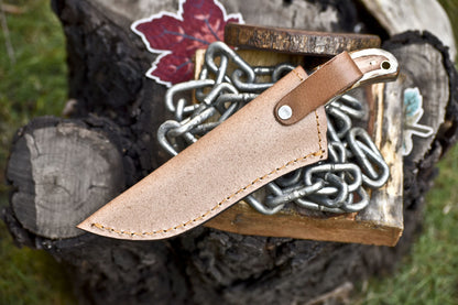 Forged Skinner Knife Twist Damascus Bone Handle Wooden Bolster Camping Knife