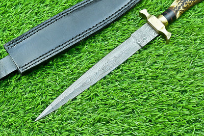 12" Damascus Dagger Bowie Knife – Stag Antler Handle with Brass Bolster