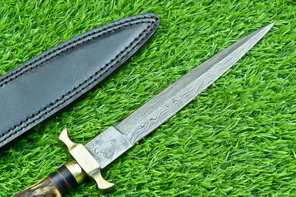 12" Damascus Dagger Bowie Knife – Stag Antler Handle with Brass Bolster