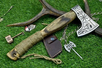 Custom Viking Tomahawk Axe – Handcrafted Carbon Steel Blade with Rosewood Handle and Leather Sheath, 14 Inch