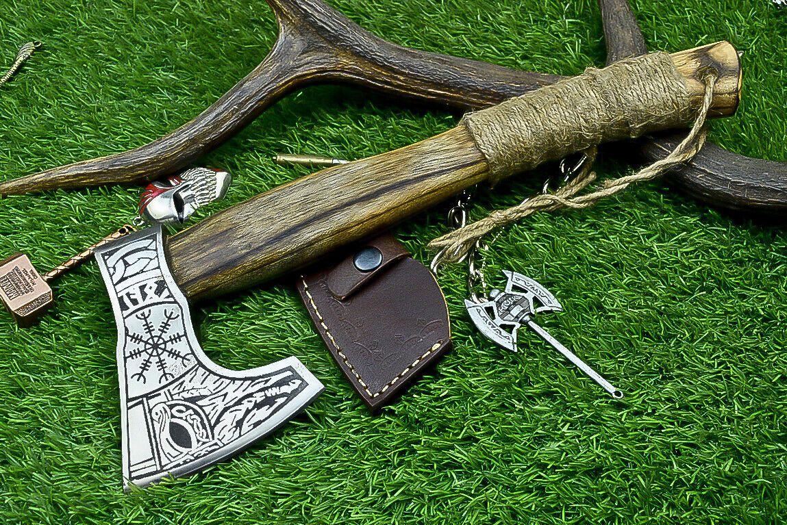 Custom Viking Tomahawk Axe – Handcrafted Carbon Steel Blade with Rosewood Handle and Leather Sheath, 14 Inch