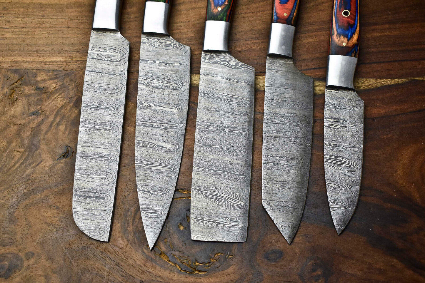Custom Lot of 5 Handmade Hammered Damascus Steel Blade Chef Knife Set – 384 Layers