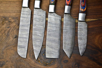 Custom Lot of 5 Handmade Hammered Damascus Steel Blade Chef Knife Set – 384 Layers