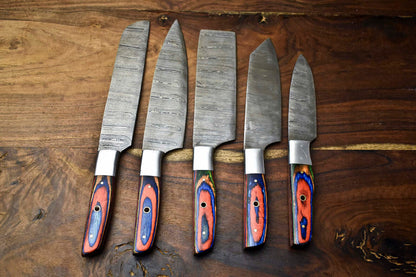 Custom Lot of 5 Handmade Hammered Damascus Steel Blade Chef Knife Set – 384 Layers