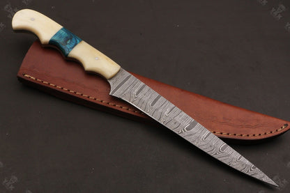 12" Custom Handmade Twist Damascus Fillet Knife Damascus Steel Fillet Knife W/Sheath