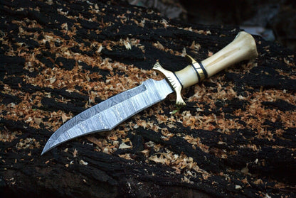 Exotic Camel Bone Damascus Steel Bowie Knife – 8" Clip Point Blade with Leather Sheath | Heritage Forge