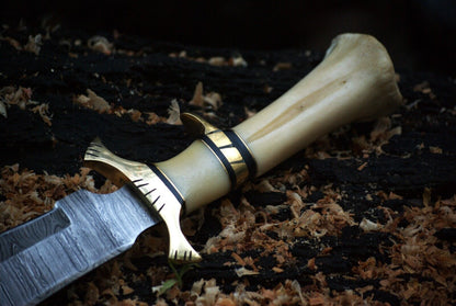 Exotic Camel Bone Damascus Steel Bowie Knife – 8" Clip Point Blade with Leather Sheath | Heritage Forge