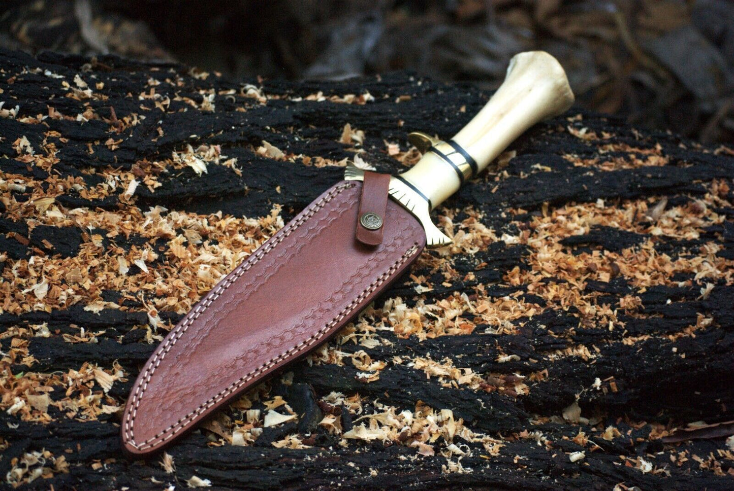 Exotic Camel Bone Damascus Steel Bowie Knife – 8" Clip Point Blade with Leather Sheath | Heritage Forge