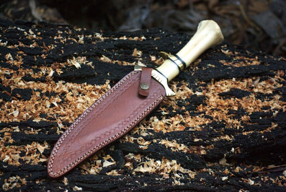 Exotic Camel Bone Damascus Steel Bowie Knife – 8" Clip Point Blade with Leather Sheath | Heritage Forge