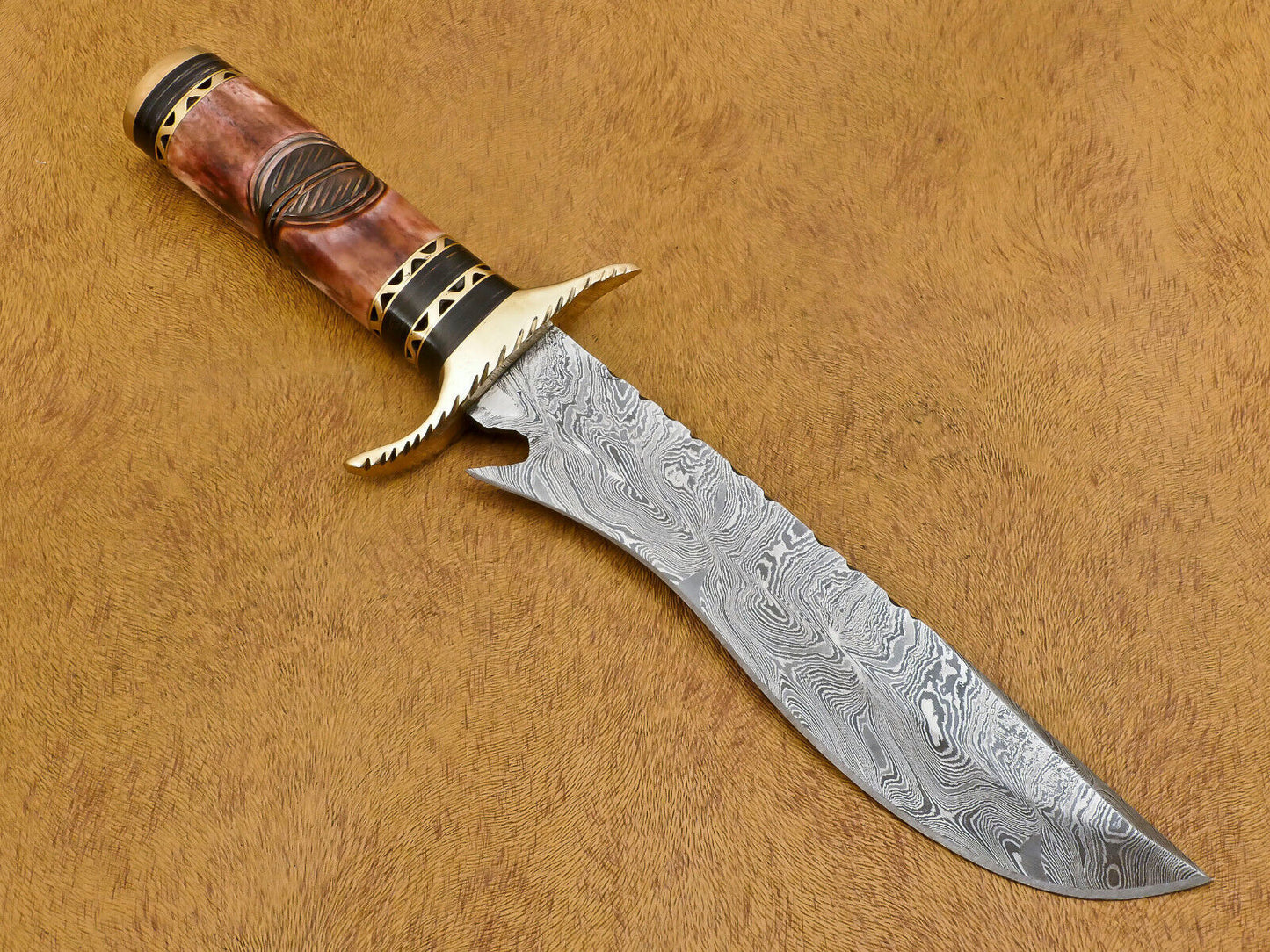 12" Handmade Damascus Steel Bowie Knife with Bone & Wood Handle and Brass Guard