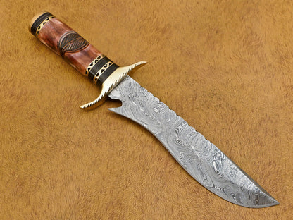 12" Handmade Damascus Steel Bowie Knife with Bone & Wood Handle and Brass Guard