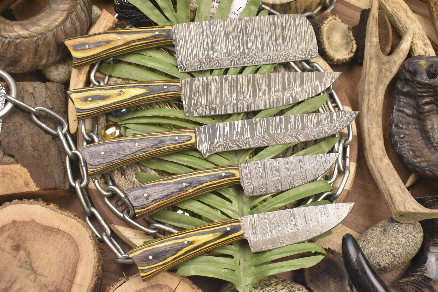 Hot Item Chef Knife Set – Twist Damascus Steel with Hard Wood Handles, Lot of 5