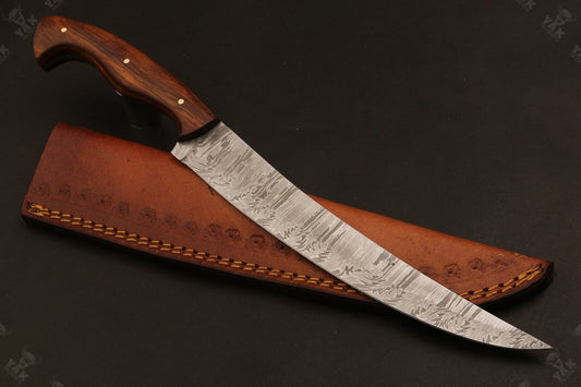 13" Damascus Fillet Knife Hand Forged Fire Damascus Steel Knife With Wood Handle