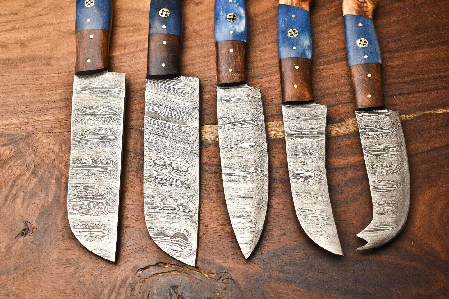 Custom Lot of 5 Handmade Hammered Damascus Steel Blade Chef Knife Set – Professional Forged Kitchen Knives