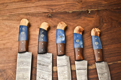 Custom Lot of 5 Handmade Hammered Damascus Steel Blade Chef Knife Set – Professional Forged Kitchen Knives