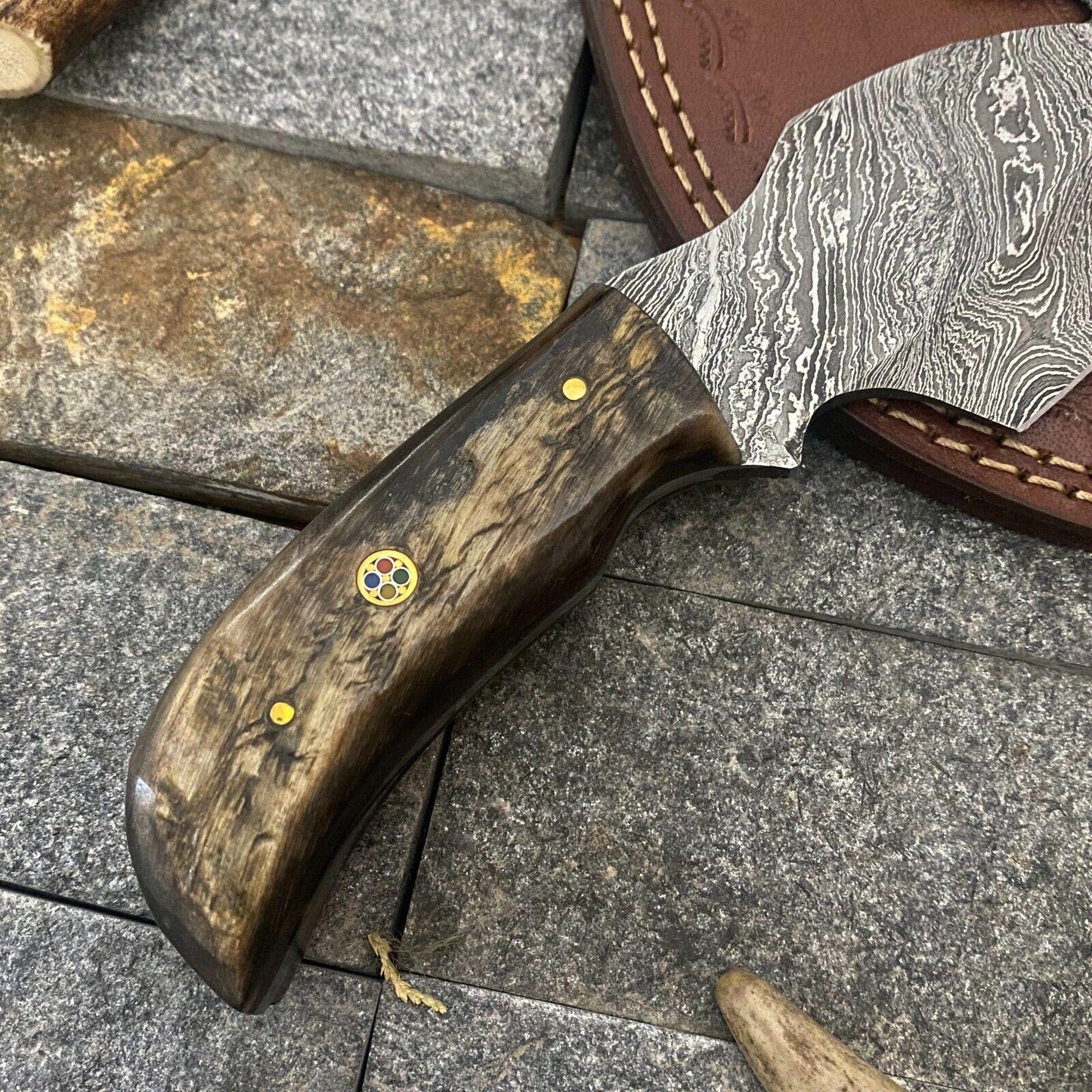 Handmade Forged Damascus Steel Gut Hook EDC Bowie Hunting Knife | Ram Horn Handle