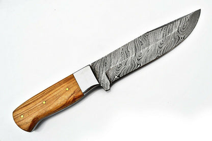 11.25" Handmade Damascus Steel Bowie – Olive Wood Handle & Leather Sheath