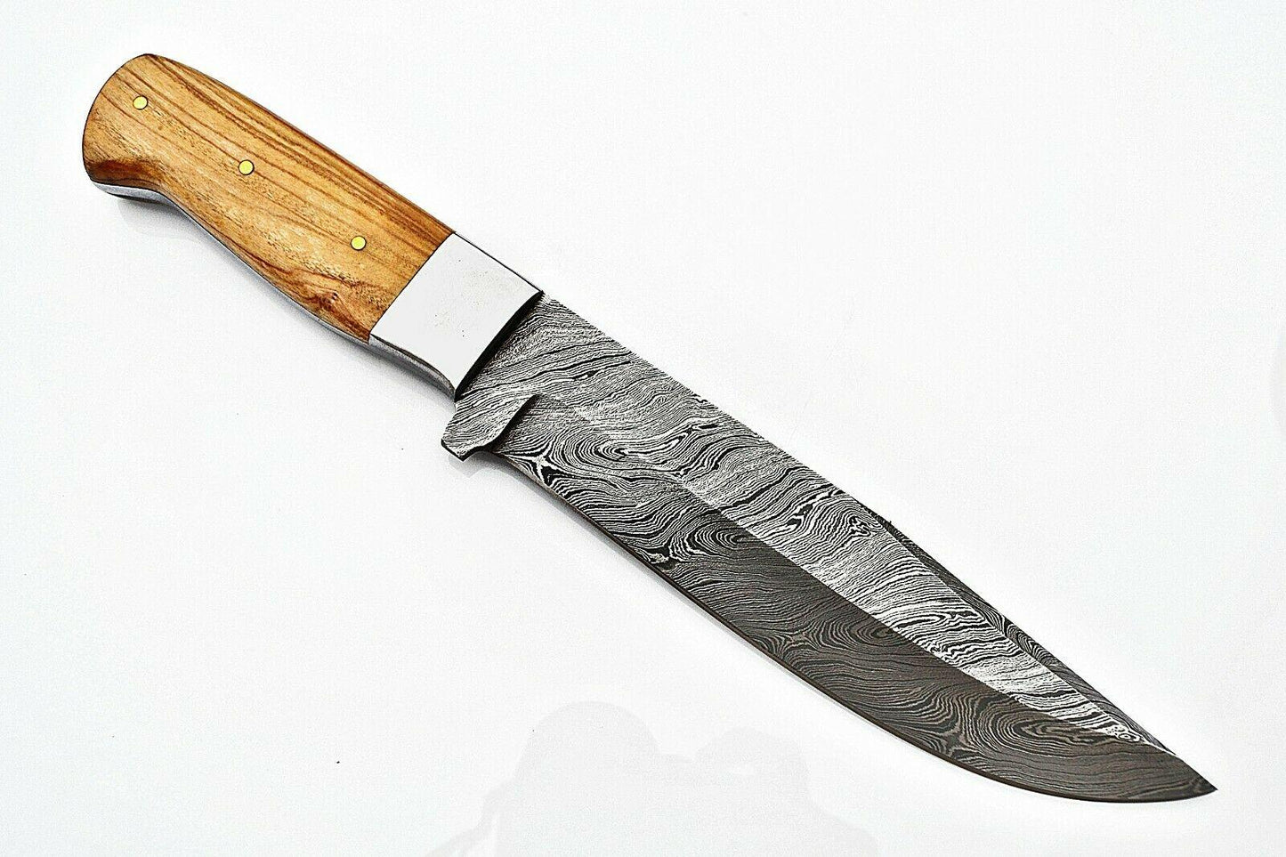 11.25" Handmade Damascus Steel Bowie – Olive Wood Handle & Leather Sheath
