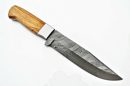 11.25" Handmade Damascus Steel Bowie – Olive Wood Handle & Leather Sheath