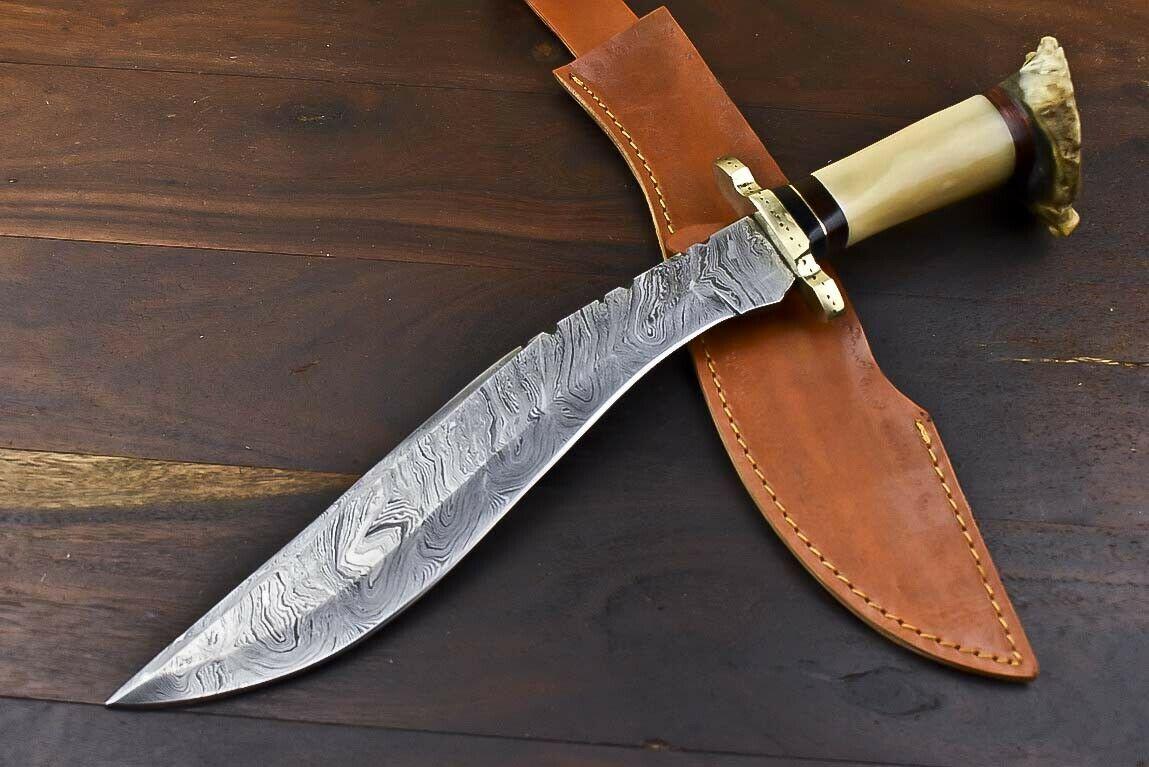 Crown Antler Masterpiece – 15.3" Hand Forged Damascus Bowie Knife with Sheath