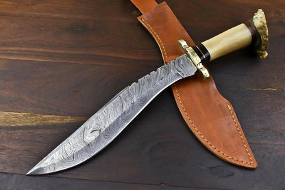 Crown Antler Masterpiece – 15.3" Hand Forged Damascus Bowie Knife with Sheath
