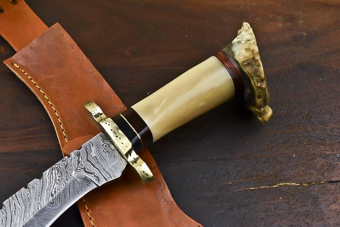 Crown Antler Masterpiece – 15.3" Hand Forged Damascus Bowie Knife with Sheath