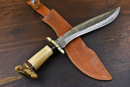 Crown Antler Masterpiece – 15.3" Hand Forged Damascus Bowie Knife with Sheath