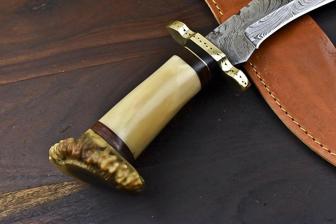 Crown Antler Masterpiece – 15.3" Hand Forged Damascus Bowie Knife with Sheath