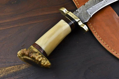 Crown Antler Masterpiece – 15.3" Hand Forged Damascus Bowie Knife with Sheath