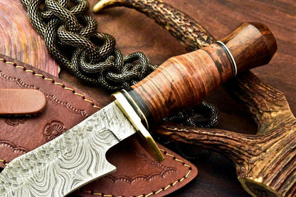 12.5" Handmade Damascus Bowie Knife | Stacked Leather Handle