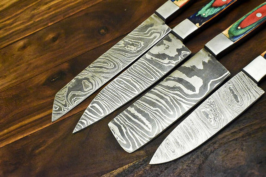 Lot of 4 Handmade Damascus Steel Hunting Chef Knives – 13" Overall, 8" Blade, 5" Hardwood Handle